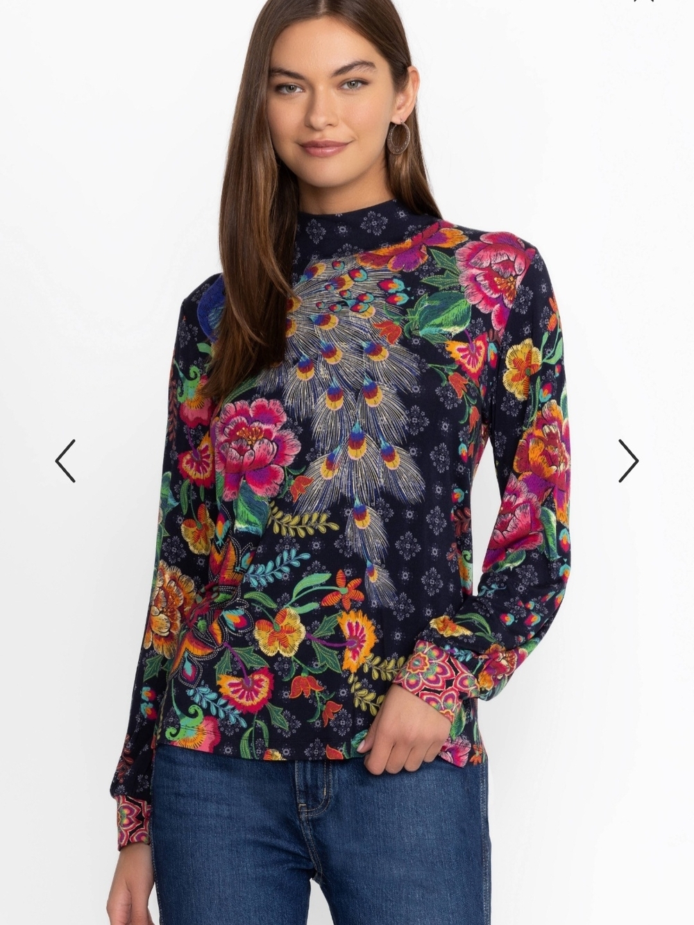 Johnny Was Navy Floral Peacock Mock-Neck Long Sleeve Top